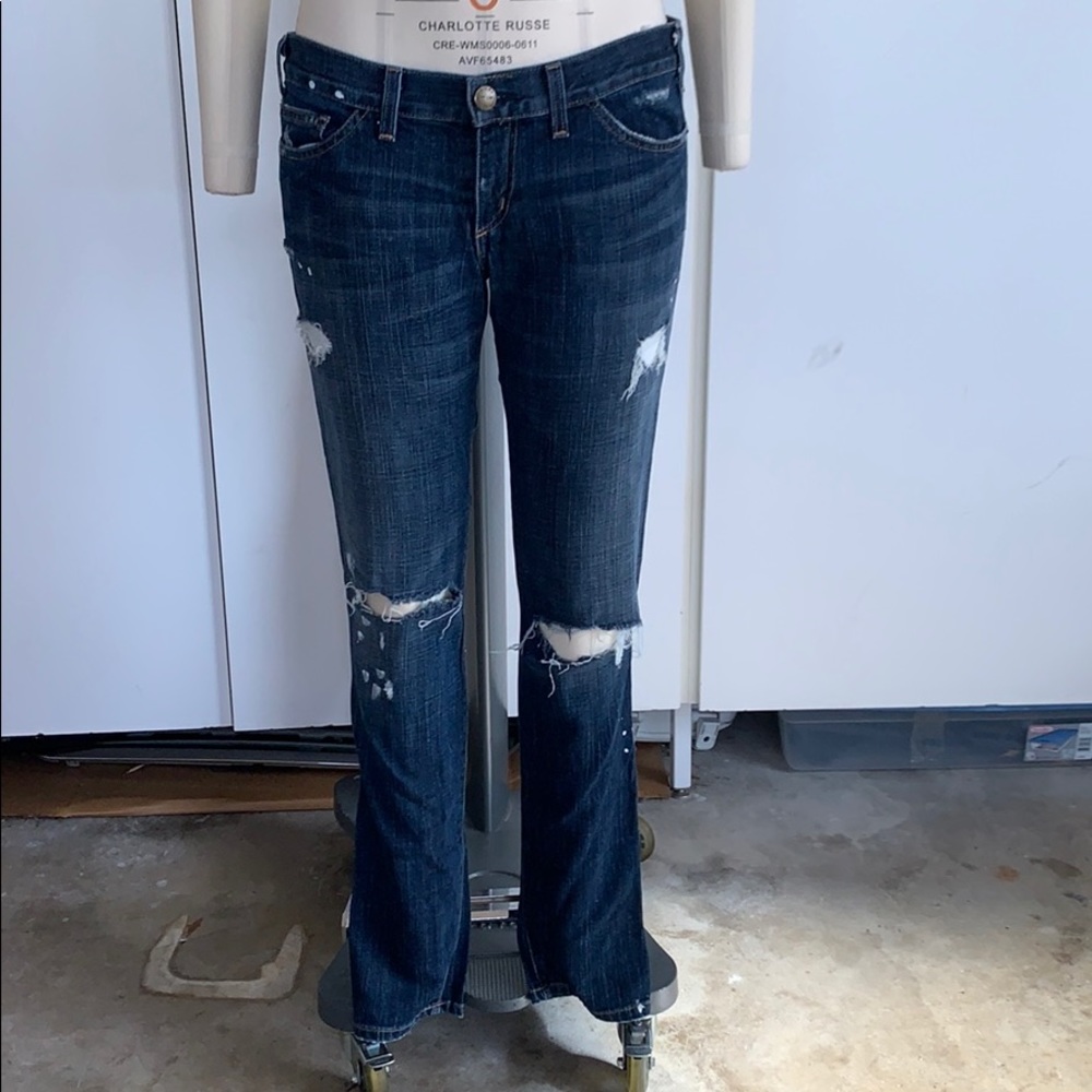 Current Elliot low rise destruct jeans with paint